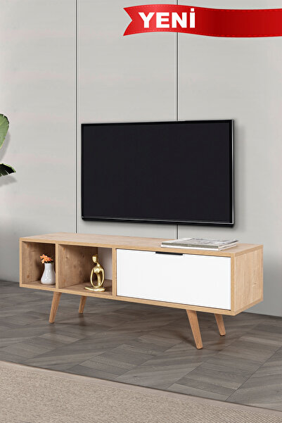 Evmo Home 3340 Venüs 130 Cm ( AHŞAP AYAKLI , METAL KULPLU ) TV Ünitesi , Safi...