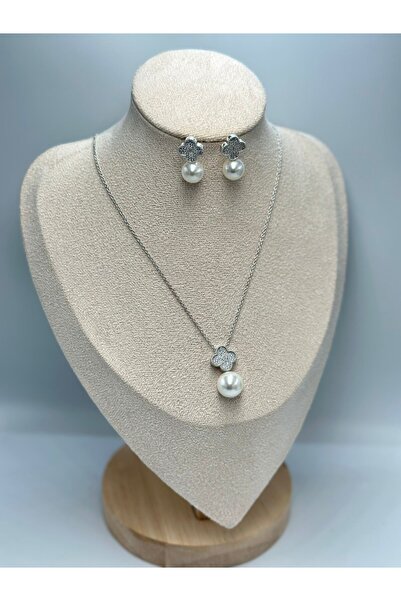 MyladyAccessoriess İnci Detaylı Yonca Set Takı (Çelik)
