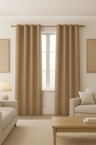 proevteks Rustik Fon Perde Kuşgözlü,Dekoringli Dikim - Vizon Blackout Karartm...