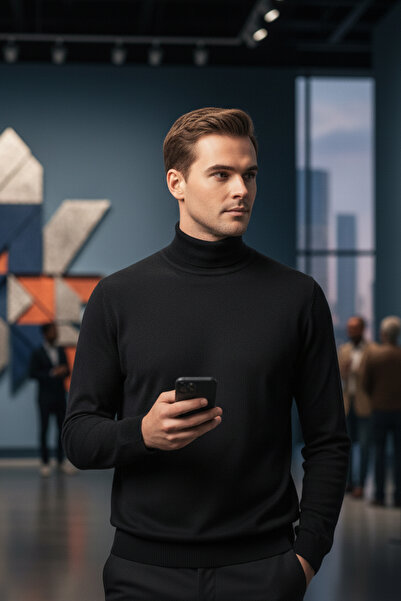 NAZEF Slim Fit 50% Cotton Black Turtleneck Sweater