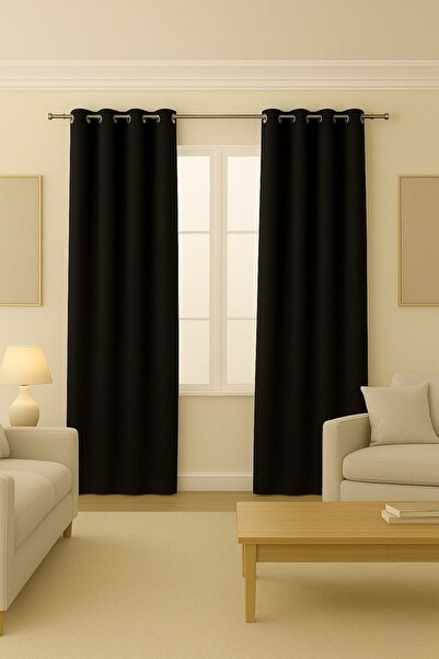 proevteks Rustik Fon Perde Kuşgözlü,Dekoringli Dikim - Siyah Blackout Karartm...