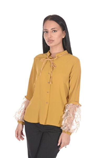 Uniquedress Casual blouse with embroidery, mustard color