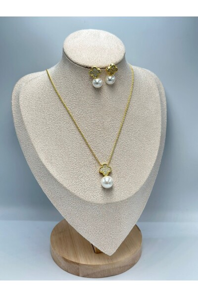 MyladyAccessoriess İnci Detaylı Yonca Set Takı (Çelik)