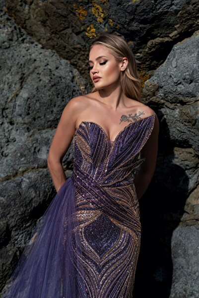 MissBetül Full Dantel Straplez Bel Tül Detaylı Abiye Nişan Elbisesi