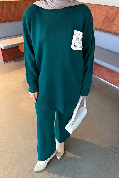 lamelif Lace Pocket Detailed Knitwear Set Emerald Green