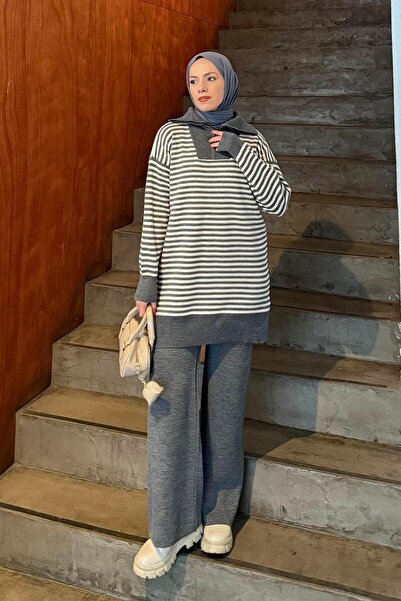 lamelif Striped Turtleneck Knitwear Set Smoked