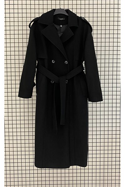 Armine Trend Buttoned Belted Shoulder Epaulettes Lined Thick Coat