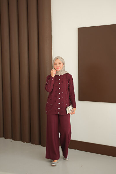 LOCCO Women's Heart Button Detail Knitwear Set Burgundy