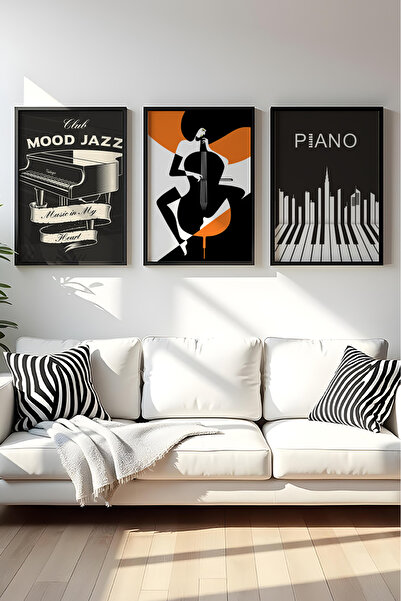 huhuli Ahşap Siyah Çerçeveli 3'lü "Ritmin İzleri" Tablo Seti Huhu567