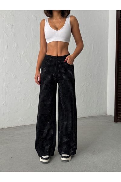 ADAMODA.RO Elastic flared jeans accessorized with rhinestones