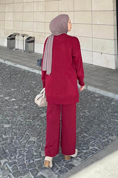 lamelif Pearl Embroidered Hijab Set Burgundy