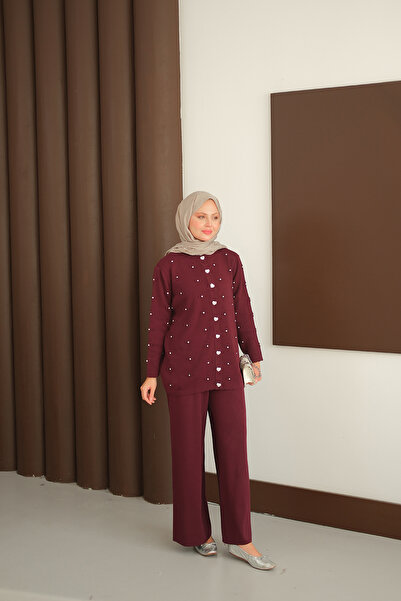 LOCCO Women's Heart Button Detail Knitwear Set Burgundy