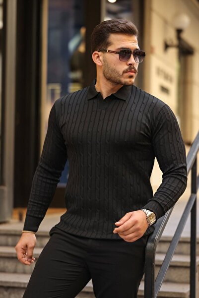 JANES Men's Hair Braid Pattern Long Sleeve Knitwear Polo Neck Sweater, Stylish and Modern Design