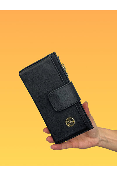 shiny ever Women's Leather Handbag Wallet with Phone Compartment Black with Gold Detail