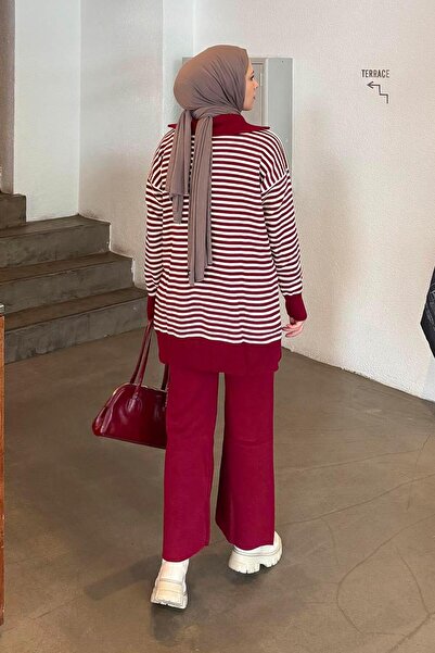 lamelif Striped Turtleneck Knitwear Set Burgundy