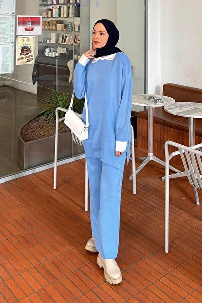 lamelif Set de tricotaje cu guler cu pietre albastru bebeluș