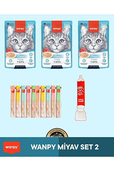 Wanpy Pouch Ton Kedi Yaş Mama 3x70 gr & Karışık Kedi Krema Ödül Maması 10x14 gr & Krema Kaşığı - Ked