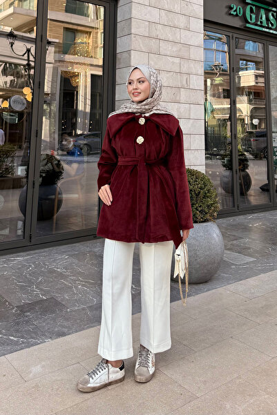 LOCCO Дамско плюшено яке с кръстосан яка в цвят бордо