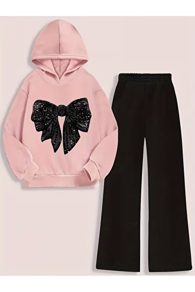 buendiakids Kız Çocuk Pembe-Siyah\ Siyah Kurdele Baskılı Kapşonlu-Geniş Paça ...