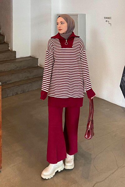 lamelif Striped Turtleneck Knitwear Set Burgundy