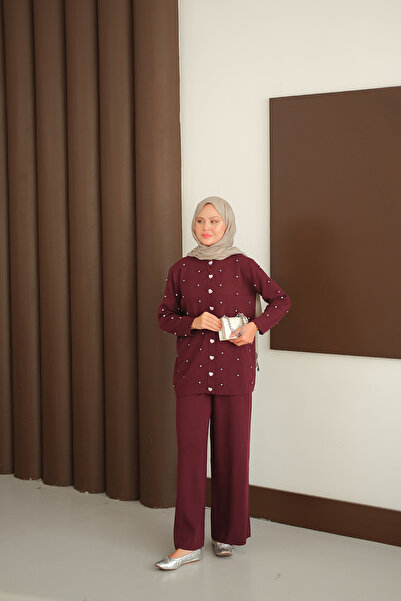 LOCCO Women's Heart Button Detail Knitwear Set Burgundy