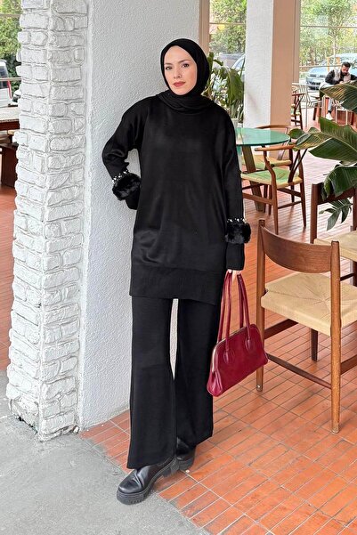 lamelif Sleeve Plush Detailed Knitwear Set Black
