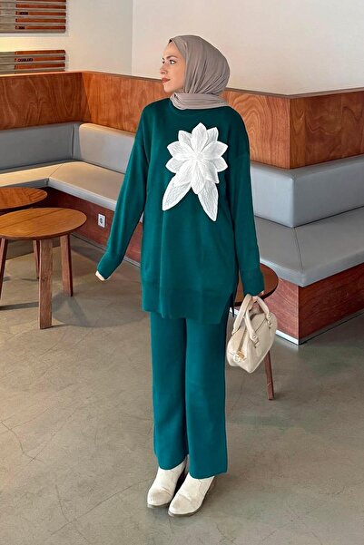 lamelif Set de tricotaje cu accesorii florale verde smarald