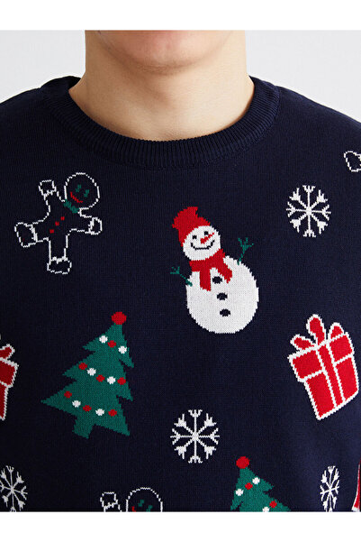 LC Waikiki Ανδρικό πλεκτό πουλόβερ με θέμα την Πρωτοχρονιά σε μπλε ναυτικό χρώμα