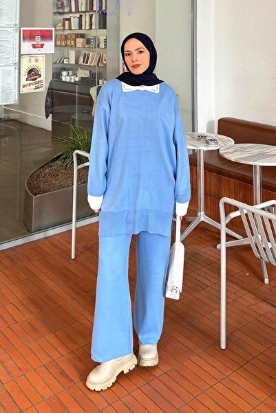 lamelif Set de tricotaje cu guler cu pietre albastru bebeluș