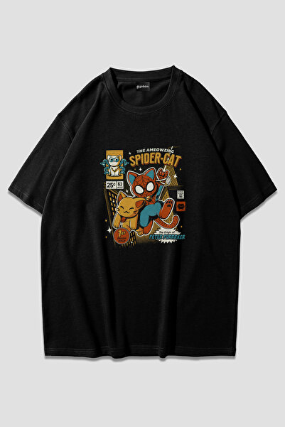 giyinikim تي شيرت سبايدر كات أسود للجنسين قصة فضفاضة