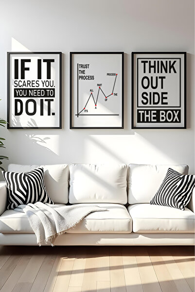 huhuli Ahşap Siyah Çerçeveli Motivasyon Yazılı 3'lü Tablo Seti Huhu564