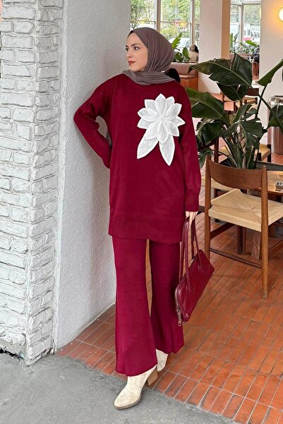 lamelif Knitwear Set with Floral Accessories Burgundy