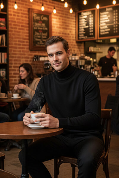 NAZEF Slim Fit 50% Cotton Black Turtleneck Sweater