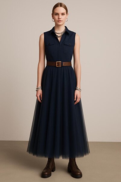 ALYEL NAKER فستان بتصميم ماكسي بدون أكمام مع تفاصيل عملية وتنورة من التول