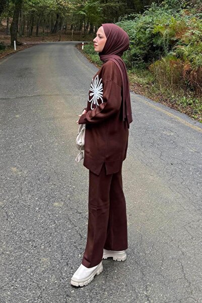 lamelif Комплект с флорални детайли, плетен, горчив кафяв