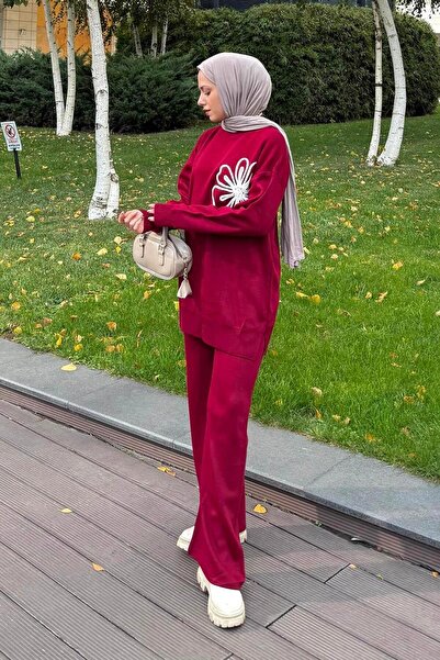 lamelif Σετ πλεκτών ενδυμάτων με λεπτομέρεια λουλουδιών μπορντό