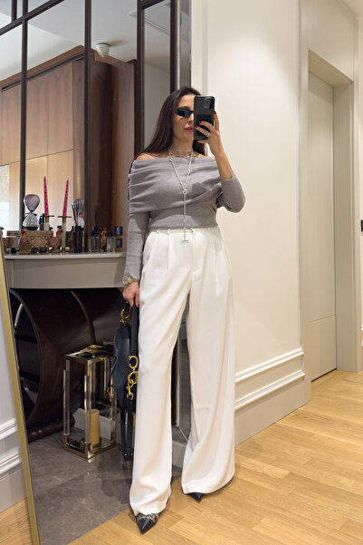 MAGARDE Pantaloni Palazzo cu detaliu pliat și picior larg - ALB