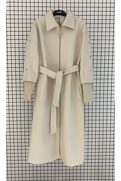 Armine Trend Sleeves Ribbed Shirt Collar Zippered Belted Winter Coat