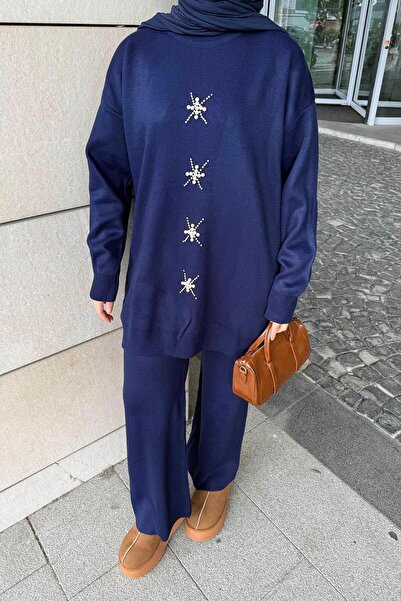 lamelif Pearl Embroidered Hijab Set Navy Blue