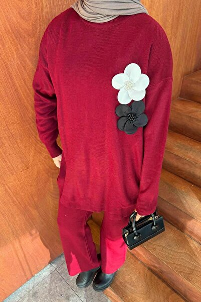 lamelif Knitwear Set with Floral Accessories Burgundy