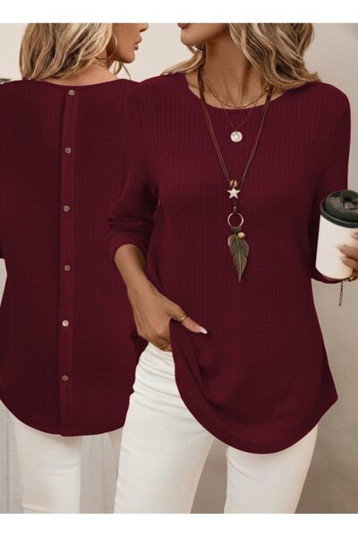 JANES Women's Long Sleeve Round Neck Back Button Waffle Blouse