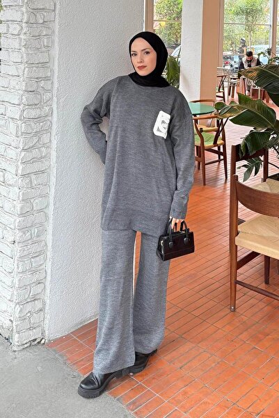 lamelif Lace Pocket Detailed Knitwear Set Smoked