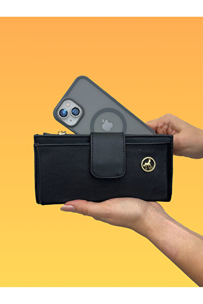 shiny ever Women's Leather Handbag Wallet with Phone Compartment Black with Gold Detail