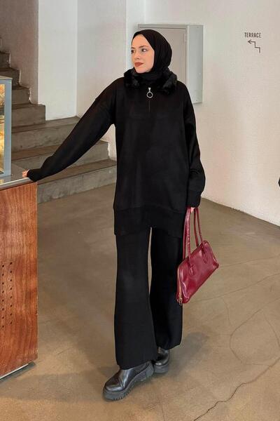 lamelif Plush Collar Knitwear Set Black