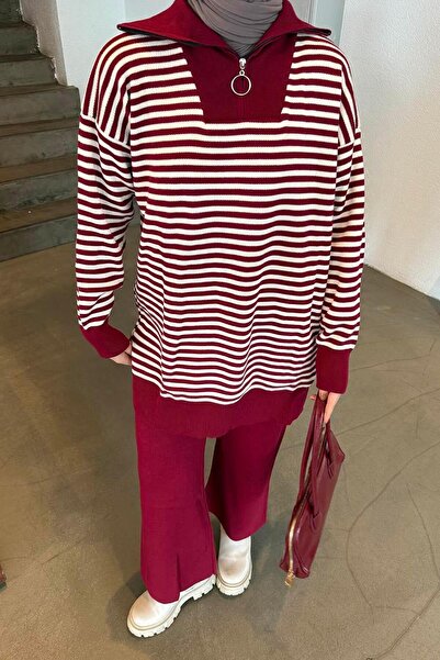 lamelif Striped Turtleneck Knitwear Set Burgundy