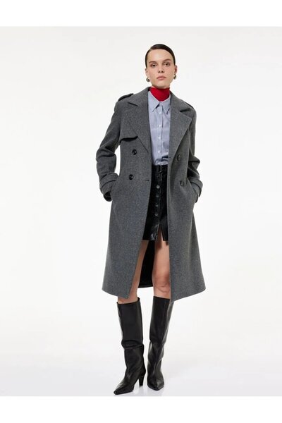 Koton Trench Coat cu buzunare cu broderie cu centură cu două rânduri de nastu...