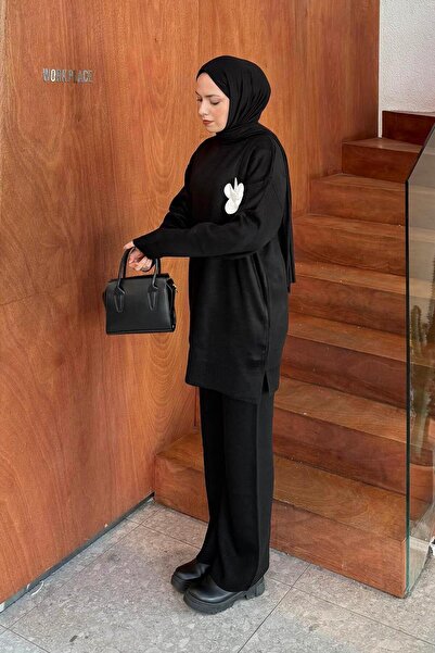 lamelif Σετ πλεκτών ενδυμάτων με αξεσουάρ λουλουδιών Μαύρο