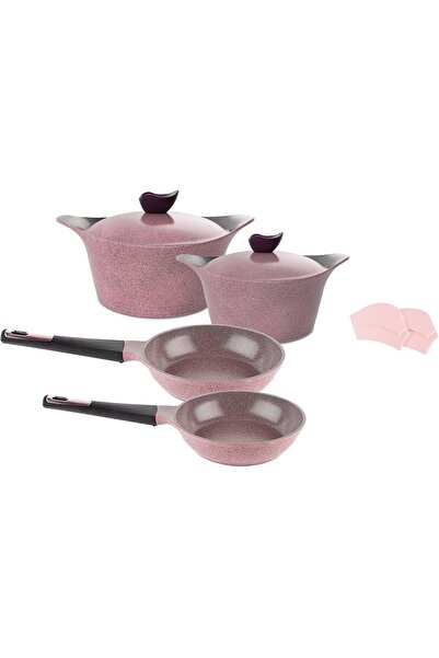 NEOFLAM Aeni Cooking Set, 8-Piece (22-28 cm Pots, 22 cm Fry Pan, 26 cm Wok) - Pink Marble