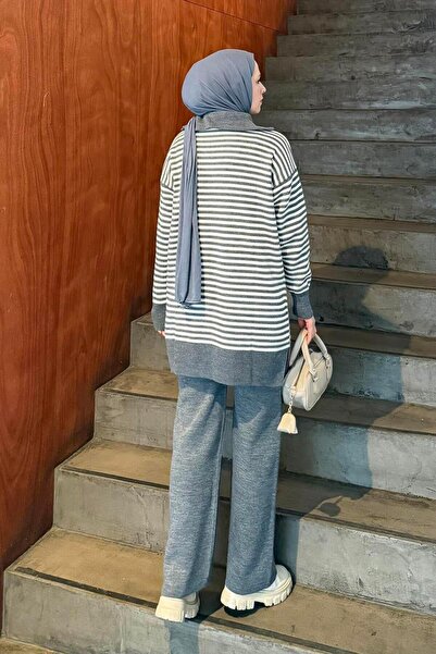 lamelif Striped Turtleneck Knitwear Set Smoked