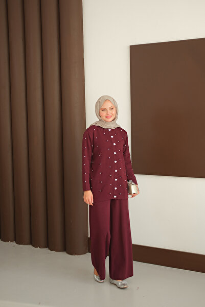 LOCCO Women's Heart Button Detail Knitwear Set Burgundy